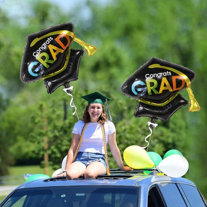 Balon din Folie Metalizata, Klevo, Figurina, Model Toca Congrats Grad, Tematica Absolvire,  66x66 cm, Ambalaj Individual, Pai Inclus, Umflare cu Aer sau Heliu, Negru