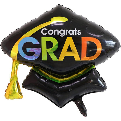 Balon din Folie Metalizata, Klevo, Figurina, Model Toca Congrats Grad, Tematica Absolvire,  66x66 cm, Ambalaj Individual, Pai Inclus, Umflare cu Aer sau Heliu, Negru