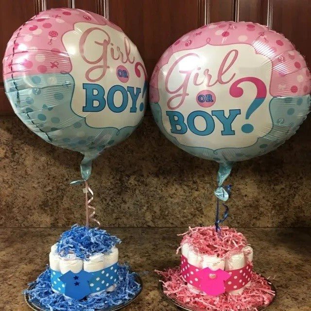 Balon din Folie Metalizata, Klevo, Figurina Rotunda, Model Girl or Boy, Tema Gender Reveal, 45 cm, Ambalaj Individual, Pai Inclus, Umflare cu Aer sau Heliu, Albastru/Roz