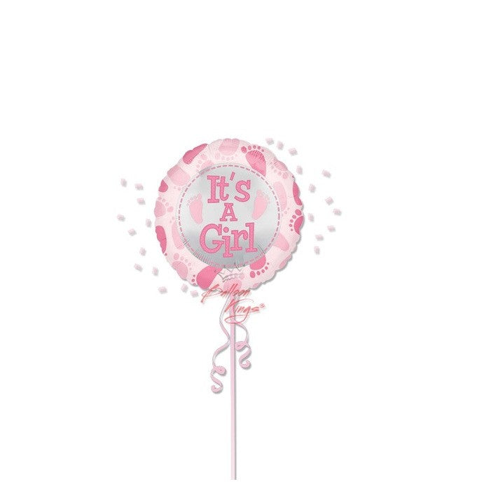 Balon din Folie Metalizata, Klevo, Figurina Rotunda, Model It's a Girl, Tema Gender Reveal, 45 cm, Ambalaj Individual, Pai Inclus, Umflare cu Aer sau Heliu, Roz