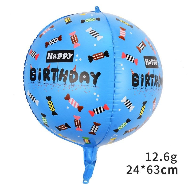 Balon din Folie Metalizata, Klevo, Figurine 4D, Model Happy Birthday, Tematica Aniversara Bombonele, 63x24 cm, Ambalaj Individual, Pai Inclus, Umflare cu Aer sau Heliu, Albastru