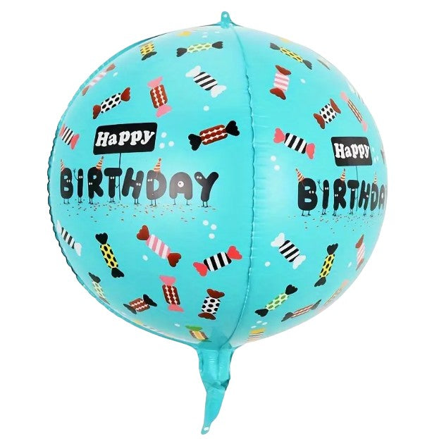 Balon din Folie Metalizata, Klevo, Figurine 4D, Model Happy Birthday, Tematica Aniversara Bombonele, 63x24 cm, Ambalaj Individual, Pai Inclus, Umflare cu Aer sau Heliu, Blue