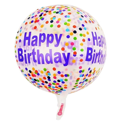 Balon din Folie Metalizata, Klevo, Figurine 4D, Model Happy Birthday, Tematica Aniversara Bombonele, 63x24 cm, Ambalaj Individual, Pai Inclus, Umflare cu Aer sau Heliu, Mov-Multicolor