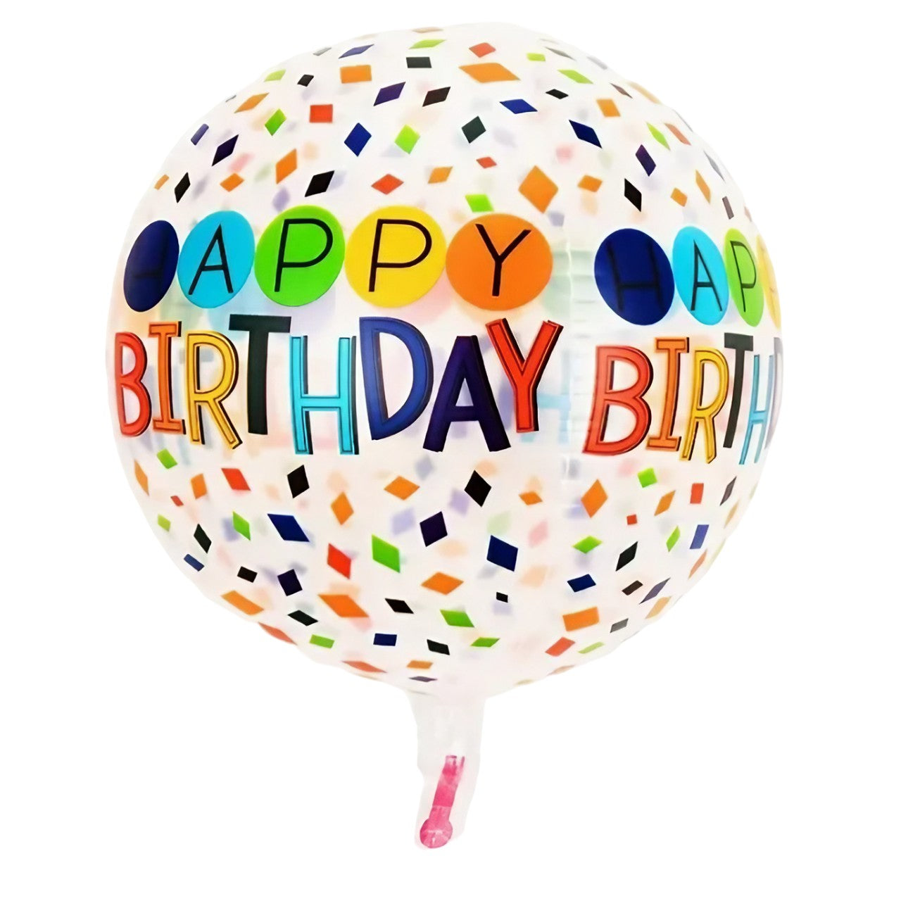 Balon din Folie Metalizata, Klevo, Figurine 4D, Model Happy Birthday, Tematica Aniversara Bombonele, 63x24 cm, Ambalaj Individual, Pai Inclus, Umflare cu Aer sau Heliu, Alb-Multicolor