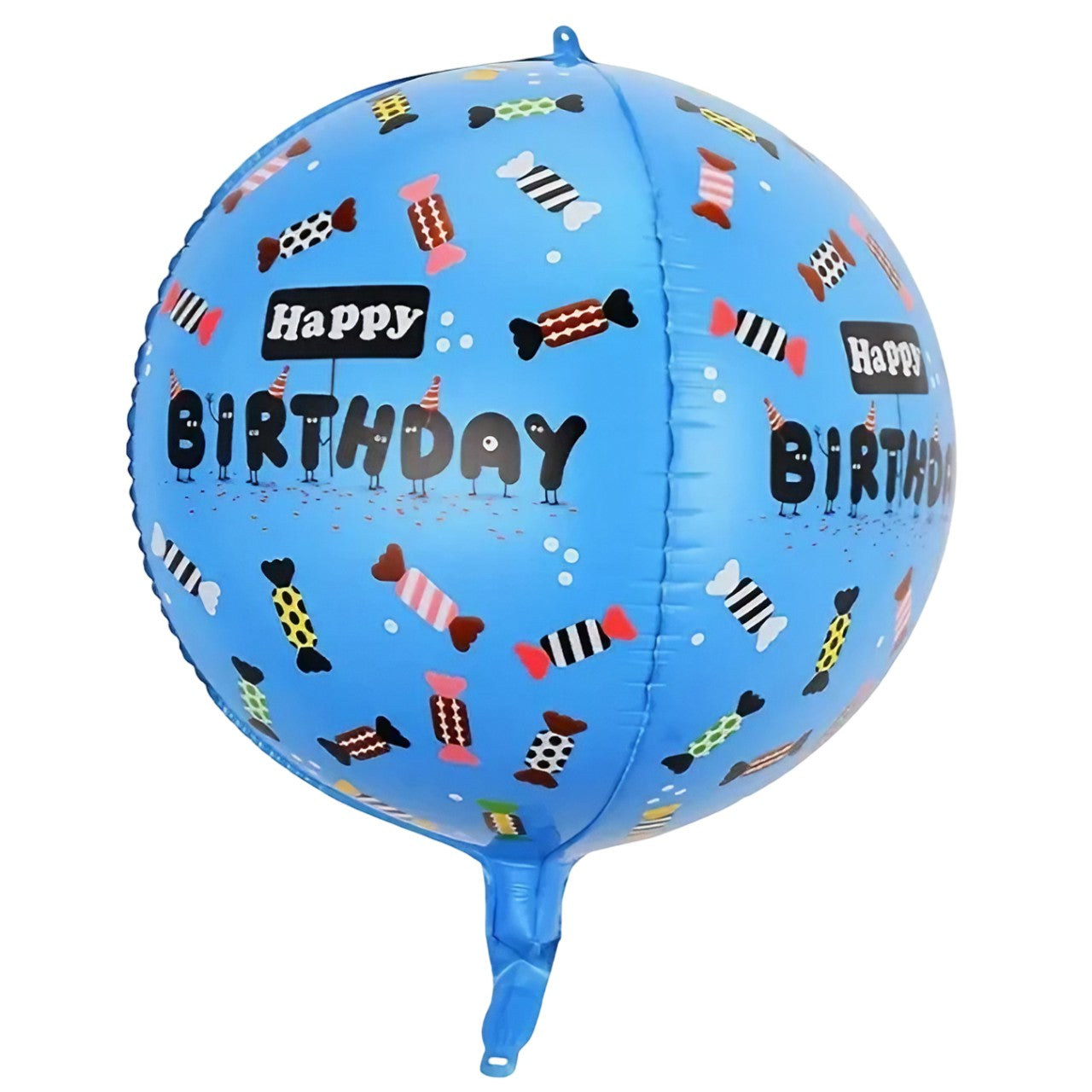 Balon din Folie Metalizata, Klevo, Figurine 4D, Model Happy Birthday, Tematica Aniversara Bombonele, 63x24 cm, Ambalaj Individual, Pai Inclus, Umflare cu Aer sau Heliu, Albastru