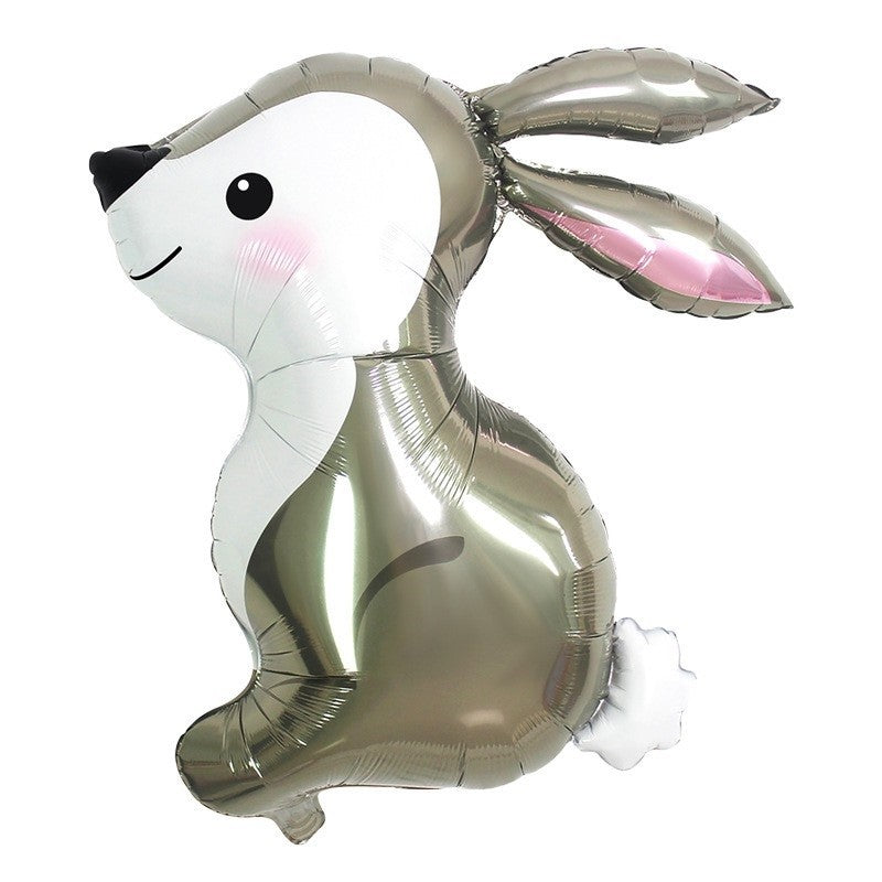 Balon din Folie Metalizata, Klevo, Ambalaj Individual, Pai Inclus, Model Iepure, Tema Animalute, 56x73 cm, Umflare cu Aer sau Heliu, Gri