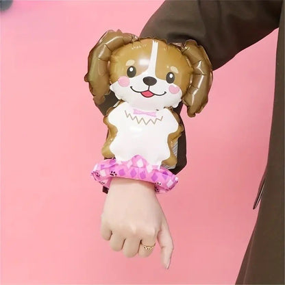 Balon din Folie Metalizata, Klevo, Figurine Animalute, Tip Bratara, Model Catel, 13 x 35 cm, Ambalaj Individual, Pai Inclus, Umflare cu Aer sau Heliu, Maro