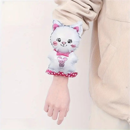 Balon din Folie Metalizata, Klevo, Figurine Animalute, Tip Bratara, Model Pisica, 13 x 35 cm, Ambalaj Individual, Pai Inclus, Umflare cu Aer sau Heliu, Alb