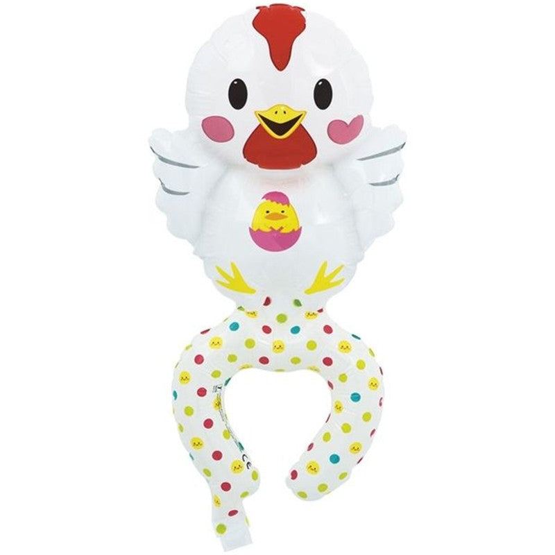 Balon din Folie Metalizata, Klevo, Figurine Animalute, Tip Bratara, Model Gaina, Ambalaj Individual, Pai Inclus, Umflare cu Aer sau Heliu, Alb