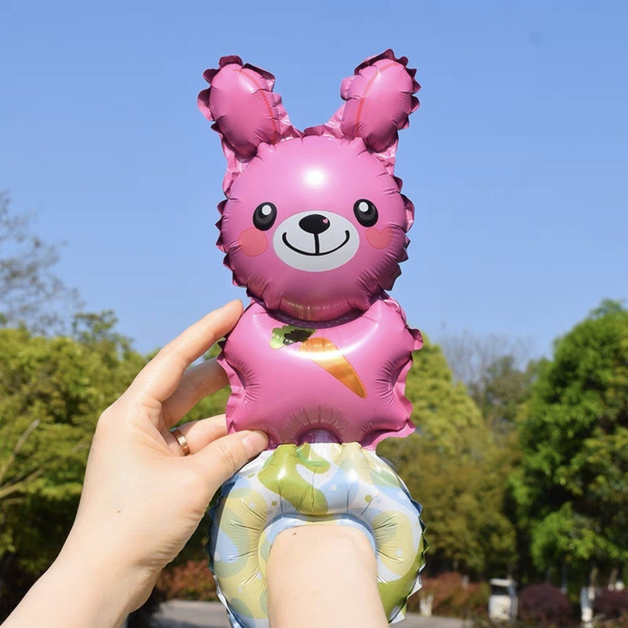 Balon din Folie Metalizata, Klevo, Figurine Animalute, Tip Bratara, Model Iepuras, Ambalaj Individual, Pai Inclus, Umflare cu Aer sau Heliu, Roz