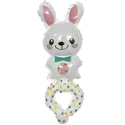 Balon din Folie Metalizata, Klevo, Figurine Animalute, Tip Bratara, Model Iepuras, Ambalaj Individual, Pai Inclus, Umflare cu Aer sau Heliu, Alb