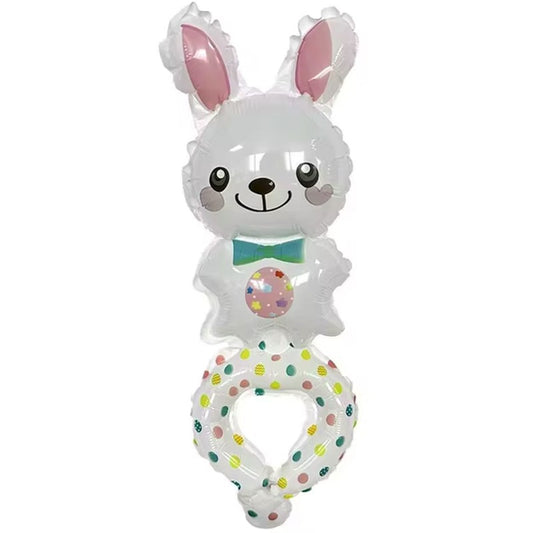 Balon din Folie Metalizata, Klevo, Figurine Animalute, Tip Bratara, Model Iepuras, Ambalaj Individual, Pai Inclus, Umflare cu Aer sau Heliu, Alb