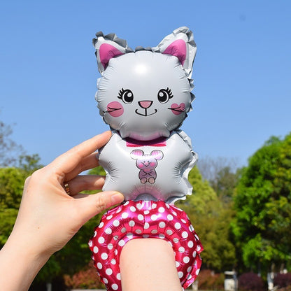 Balon din Folie Metalizata, Klevo, Figurine Animalute, Tip Bratara, Model Pisica, Ambalaj Individual, Pai Inclus, Umflare cu Aer sau Heliu, Alb