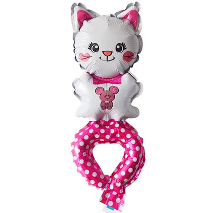 Balon din Folie Metalizata, Klevo, Figurine Animalute, Tip Bratara, Model Pisica, Ambalaj Individual, Pai Inclus, Umflare cu Aer sau Heliu, Alb