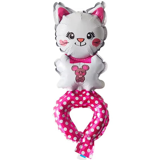 Balon din Folie Metalizata, Klevo, Figurine Animalute, Tip Bratara, Model Pisica, Ambalaj Individual, Pai Inclus, Umflare cu Aer sau Heliu, Alb