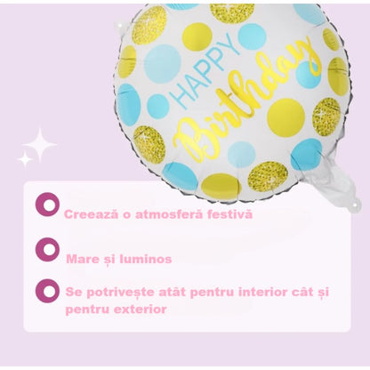 Balon din Folie Metalizata, Klevo, Figurine, Model 5, Happy Birthday, Tematica Aniversare, 45 cm, Ambalaj Individual, Pai Inclus, Umflare cu Aer sau Heliu, Multicolor