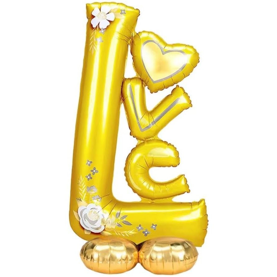 Balon din Folie Metalizata, Klevo, Figurine, Model LOVE, Tematica Iubire, 110x64 cm, Ambalaj Individual, Pai Inclus, Umflare cu Aer sau Heliu, Galben