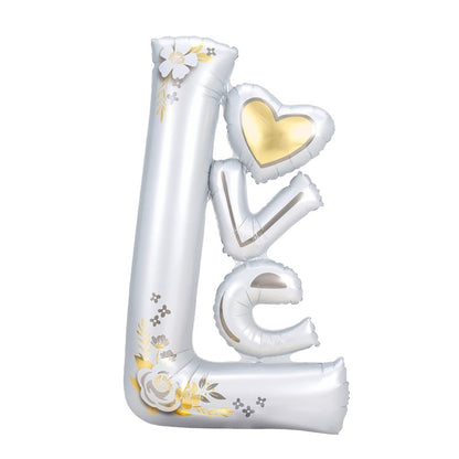 Balon din Folie Metalizata, Klevo, Figurine, Model LOVE, Tematica Iubire, 110x64 cm, Ambalaj Individual, Pai Inclus, Umflare cu Aer sau Heliu, Alb