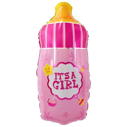 Balon din Folie Metalizata, Klevo, Mini Figurina Biberon, Model It's a Girl, Tematica Gender Reveal, 44x20 cm, Ambalaj Individual, Pai Inclus, Umflare cu Aer sau Heliu, Roz