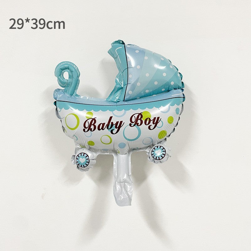 Balon din Folie Metalizata, Klevo, Mini Figurina, Model Carucior Bebelus, Tematica Gender Reveal, 39x29 cm, Ambalaj Individual, Pai Inclus, Umflare cu Aer sau Heliu, Albastru
