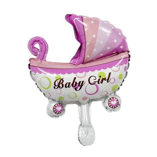 Balon din Folie Metalizata, Klevo, Mini Figurina, Model Carucior Bebelus, Tematica Gender Reveal, 39x29 cm, Ambalaj Individual, Pai Inclus, Umflare cu Aer sau Heliu, Roz