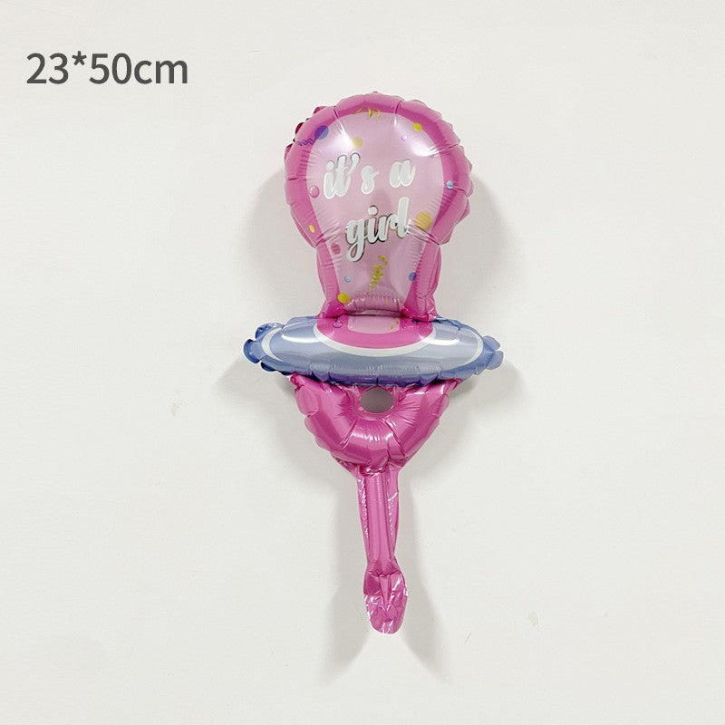 Balon din Folie Metalizata, Klevo, Mini Figurina, Model Suzeta, Tematica Gender Reveal, 23x50 cm, Ambalaj Individual, Pai Inclus, Umflare cu Aer sau Heliu, Roz