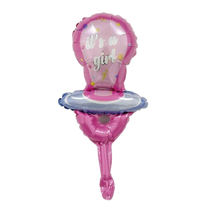 Balon din Folie Metalizata, Klevo, Mini Figurina, Model Suzeta, Tematica Gender Reveal, 23x50 cm, Ambalaj Individual, Pai Inclus, Umflare cu Aer sau Heliu, Roz