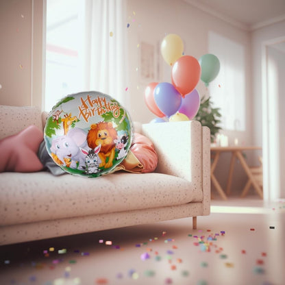 Balon din Folie Metalizata, Klevo, Mini Figurina Rotunda, Model Animalute, Happy Birthday, Tematica Aniversare, 45 cm, Ambalaj Individual, Pai Inclus, Umflare cu Aer sau Heliu, Multicolor