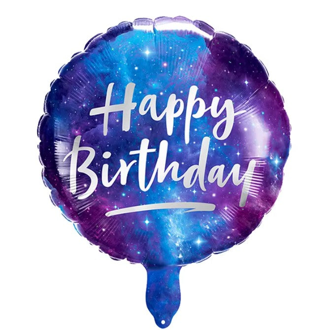 Balon din Folie Metalizata, Klevo, Mini Figurina Rotunda, Model Cer Instelat, Happy Birthday, Tematica Aniversare, 45 cm, Ambalaj Individual, Pai Inclus, Umflare cu Aer sau Heliu, Multicolor