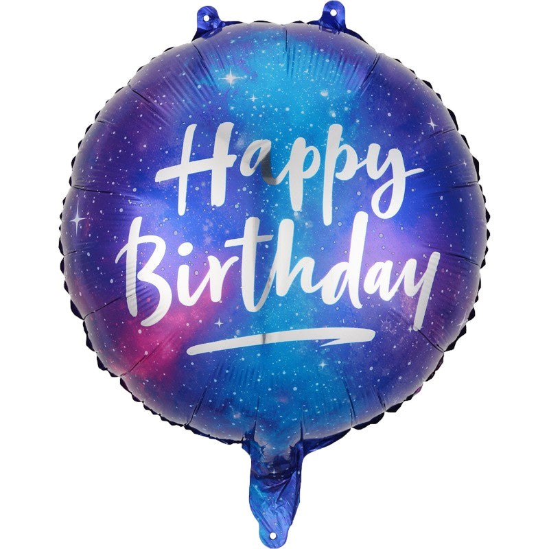 Balon din Folie Metalizata, Klevo, Mini Figurina Rotunda, Model Cer Instelat, Happy Birthday, Tematica Aniversare, 45 cm, Ambalaj Individual, Pai Inclus, Umflare cu Aer sau Heliu, Multicolor