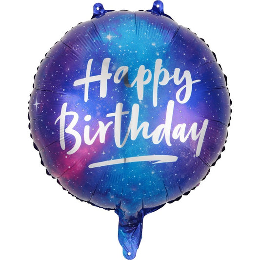 Balon din Folie Metalizata, Klevo, Mini Figurina Rotunda, Model Cer Instelat, Happy Birthday, Tematica Aniversare, 45 cm, Ambalaj Individual, Pai Inclus, Umflare cu Aer sau Heliu, Multicolor