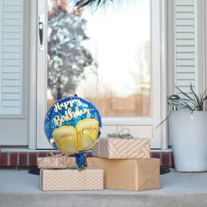 Balon din Folie Metalizata, Klevo, Mini Figurina Rotunda, Model Halbe de Bere, Happy Birthday, Tematica Aniversare, 45 cm, Ambalaj Individual, Pai Inclus, Umflare cu Aer sau Heliu, Albastru