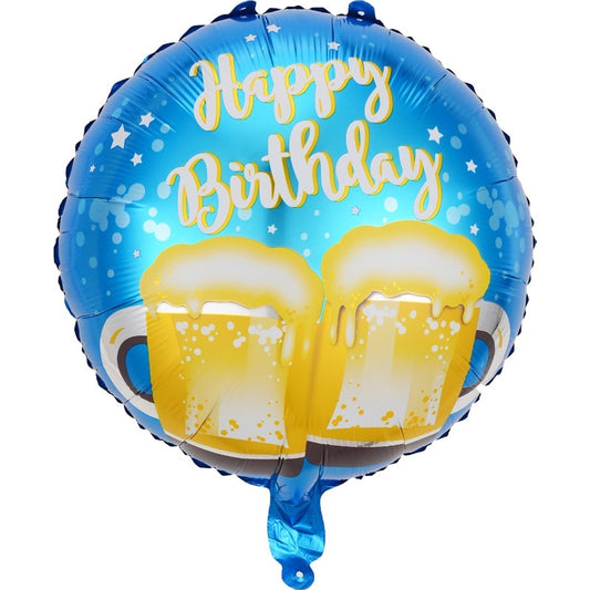 Balon din Folie Metalizata, Klevo, Mini Figurina Rotunda, Model Halbe de Bere, Happy Birthday, Tematica Aniversare, 45 cm, Ambalaj Individual, Pai Inclus, Umflare cu Aer sau Heliu, Albastru