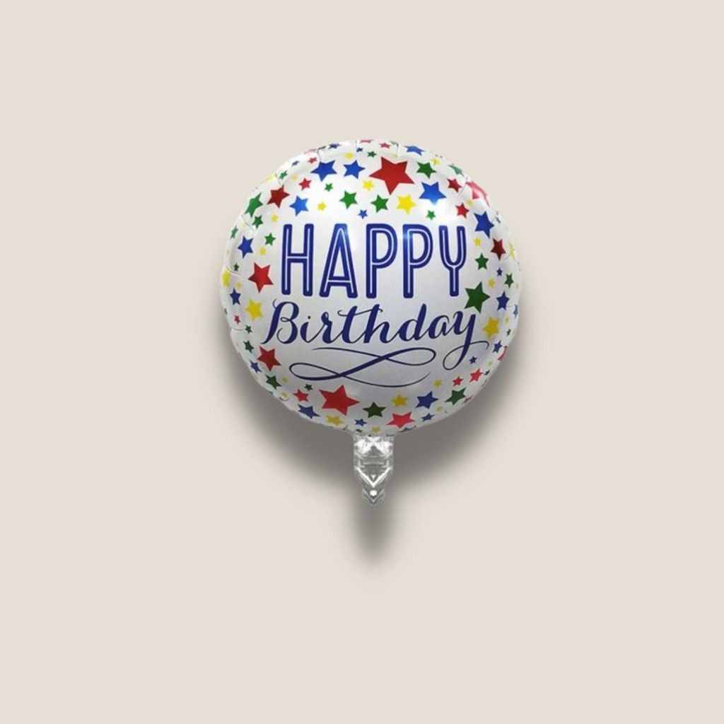 Balon din Folie Metalizata, Klevo, Mini Figurina Rotunda, Model Happy Birthday, Tema Aniversare, 45 cm, Ambalaj Individual, Pai inclus, Umflare cu Aer sau Heliu, Multicolor