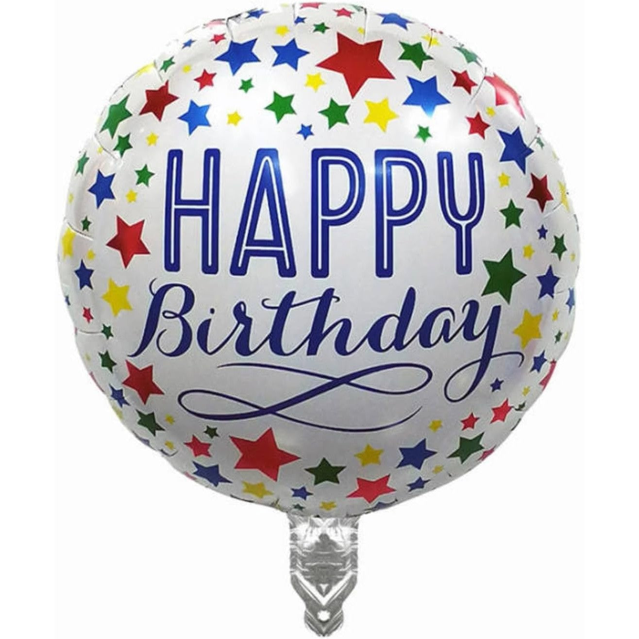 Balon din Folie Metalizata, Klevo, Mini Figurina Rotunda, Model Happy Birthday, Tema Aniversare, 45 cm, Ambalaj Individual, Pai inclus, Umflare cu Aer sau Heliu, Multicolor