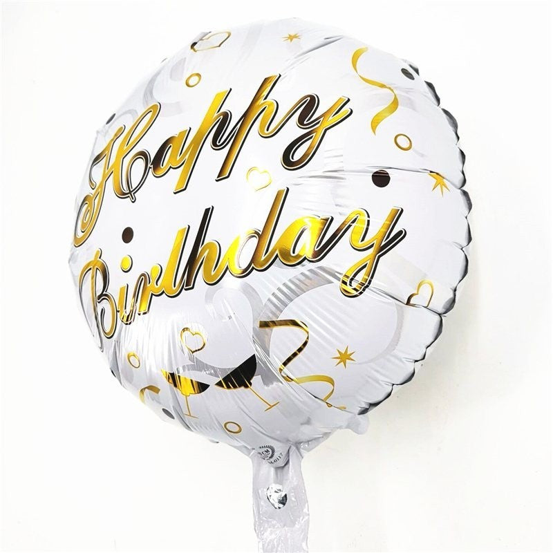 Balon din Folie Metalizata, Klevo, Mini Figurina Rotunda, Model Happy Birthday, Tema Aniversare, 45 cm, Ambalaj Individual, Pai inclus, Umflare cu Aer sau Heliu, Argintiu