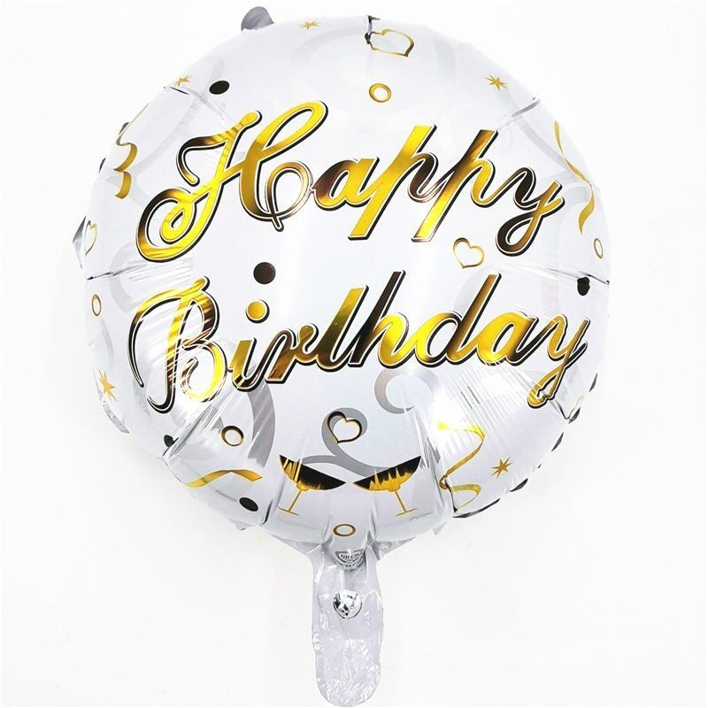 Balon din Folie Metalizata, Klevo, Mini Figurina Rotunda, Model Happy Birthday, Tema Aniversare, 45 cm, Ambalaj Individual, Pai inclus, Umflare cu Aer sau Heliu, Argintiu