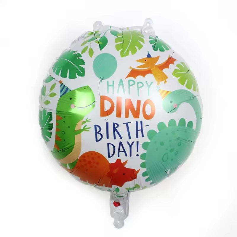 Balon din Folie Metalizata, Klevo, Mini Figurina Rotunda, Model Happy Birthday cu Dinozauri, Tema Aniversare, 45 cm, Ambalaj Individual, Pai inclus, Umflare cu Aer sau Heliu, Multicolor