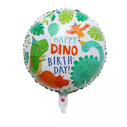 Balon din Folie Metalizata, Klevo, Mini Figurina Rotunda, Model Happy Birthday cu Dinozauri, Tema Aniversare, 45 cm, Ambalaj Individual, Pai inclus, Umflare cu Aer sau Heliu, Multicolor