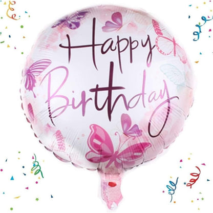 Balon din Folie Metalizata, Klevo, Mini Figurina Rotunda, Model Happy Birthday Fluturasi, Tema Aniversare, 45 cm, Ambalaj Individual, Pai inclus, Umflare cu Aer sau Heliu, Roz