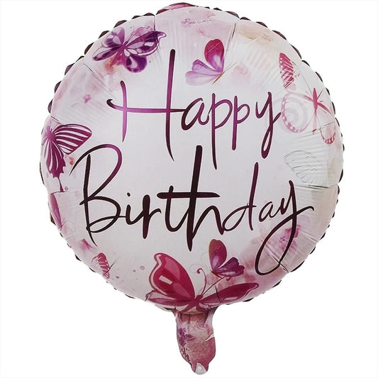 Balon din Folie Metalizata, Klevo, Mini Figurina Rotunda, Model Happy Birthday Fluturasi, Tema Aniversare, 45 cm, Ambalaj Individual, Pai inclus, Umflare cu Aer sau Heliu, Roz