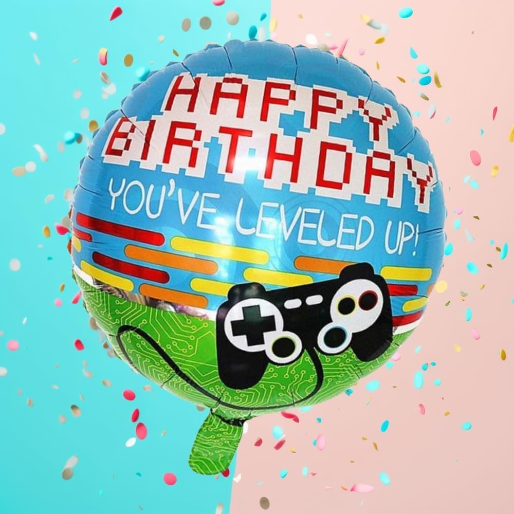 Balon din Folie Metalizata, Klevo, Mini Figurina Rotunda, Model Happy Birthday Gamer, Tema Aniversare, 45 cm, Ambalaj Individual, Pai inclus, Umflare cu Aer sau Heliu, Albastru