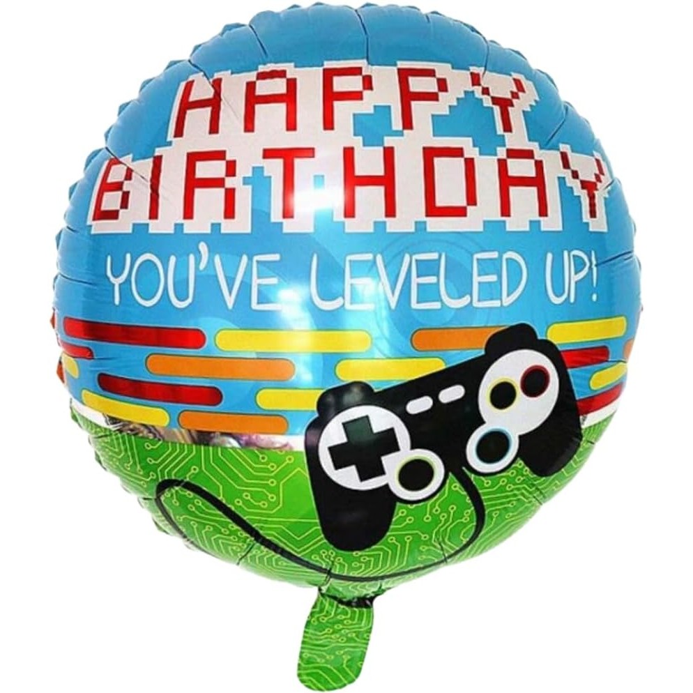 Balon din Folie Metalizata, Klevo, Mini Figurina Rotunda, Model Happy Birthday Gamer, Tema Aniversare, 45 cm, Ambalaj Individual, Pai inclus, Umflare cu Aer sau Heliu, Albastru