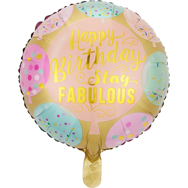 Balon din Folie Metalizata, Klevo, Mini Figurina Rotunda, Model Happy Birthday Stay Fabulous, Tematica Aniversare, 45 cm, Ambalaj Individual, Pai Inclus, Umflare cu Aer sau Heliu, Multicolor