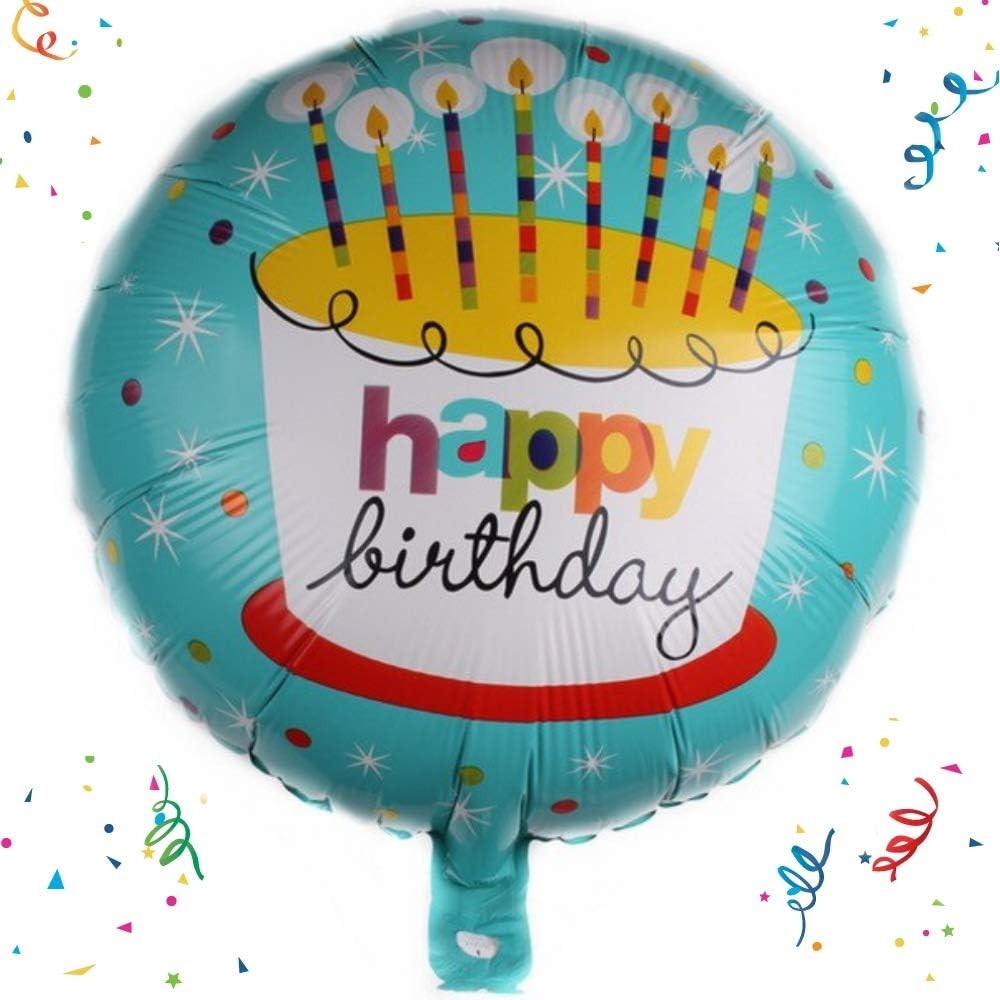 Balon din Folie Metalizata, Klevo, Mini Figurina Rotunda, Model Happy Birthday Tort, Tema Aniversare, 45 cm, Ambalaj Individual, Pai inclus, Umflare cu Aer sau Heliu, Albastru