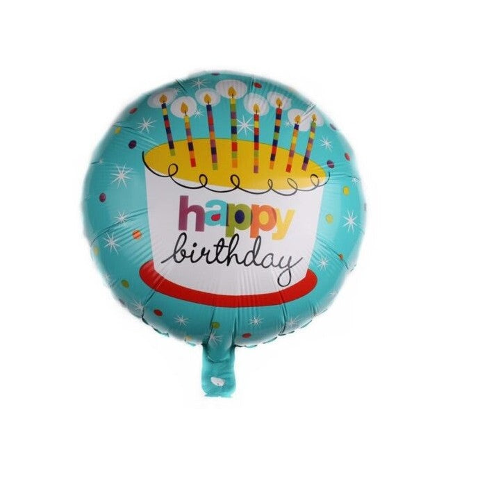 Balon din Folie Metalizata, Klevo, Mini Figurina Rotunda, Model Happy Birthday Tort, Tema Aniversare, 45 cm, Ambalaj Individual, Pai inclus, Umflare cu Aer sau Heliu, Albastru