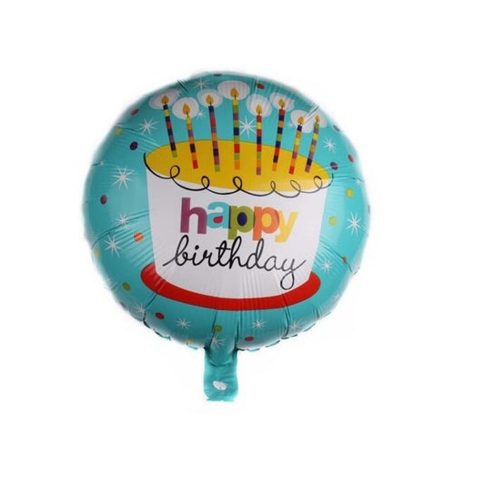 Balon din Folie Metalizata, Klevo, Mini Figurina Rotunda, Model Happy Birthday Tort, Tema Aniversare, 45 cm, Ambalaj Individual, Pai inclus, Umflare cu Aer sau Heliu, Albastru