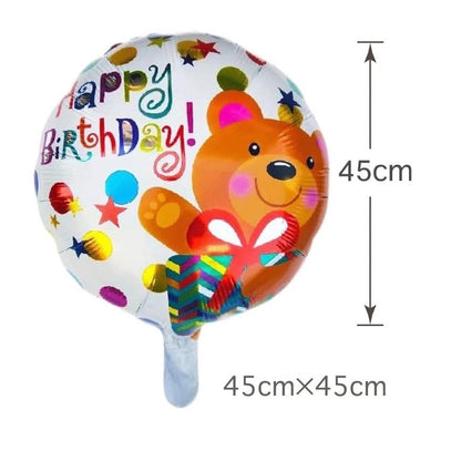 Balon din Folie Metalizata, Klevo, Mini Figurina Rotunda, Model Happy Birthday Ursulet, Tema Aniversare, 45 cm, Ambalaj Individual, Pai inclus, Umflare cu Aer sau Heliu, Maro