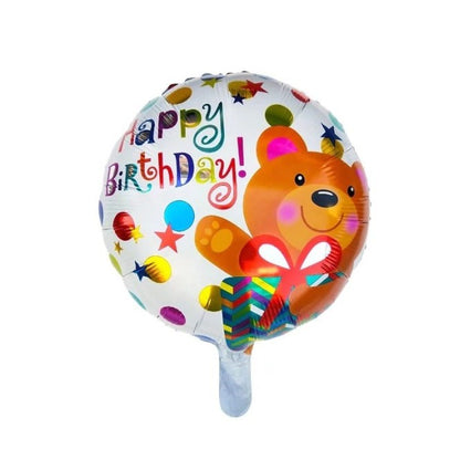 Balon din Folie Metalizata, Klevo, Mini Figurina Rotunda, Model Happy Birthday Ursulet, Tema Aniversare, 45 cm, Ambalaj Individual, Pai inclus, Umflare cu Aer sau Heliu, Maro