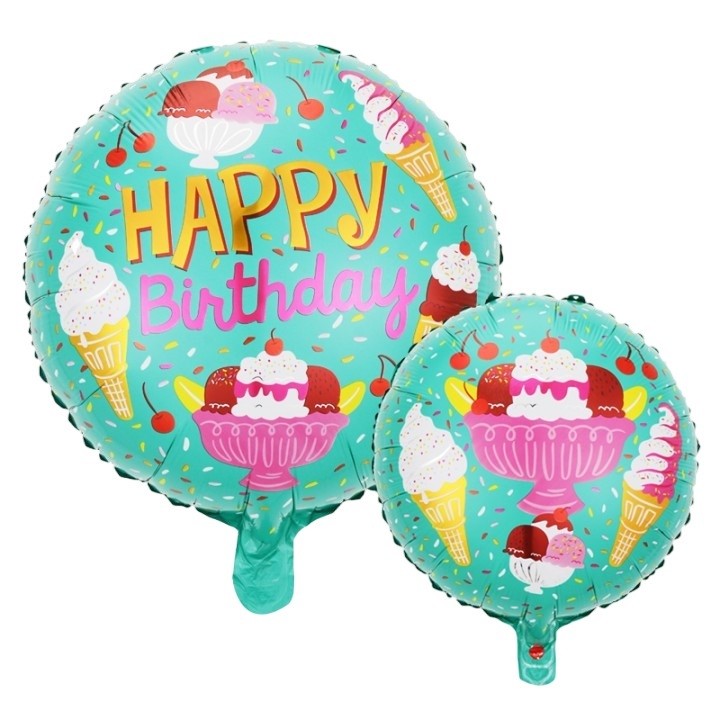 Balon din Folie Metalizata, Klevo, Mini Figurina Rotunda, Model Inghetata, Happy Birthday, Tematica Aniversare, 45 cm, Ambalaj Individual, Pai Inclus, Umflare cu Aer sau Heliu, Verde